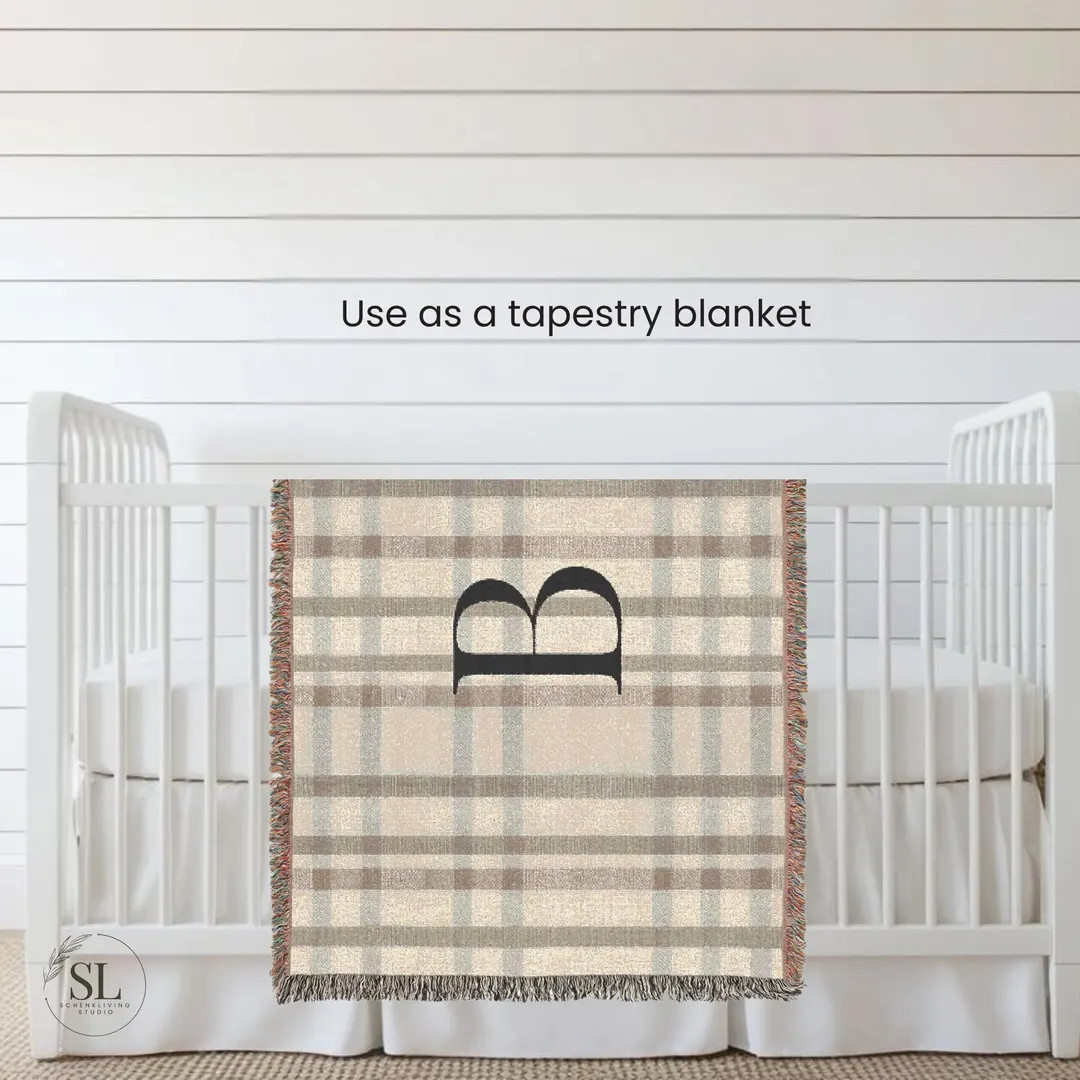 Green and Brown Plaid Monogram Large Woven Tapestry for Bedroom Modern Farmhouse Cottage Home Dec... | Etsy (US)