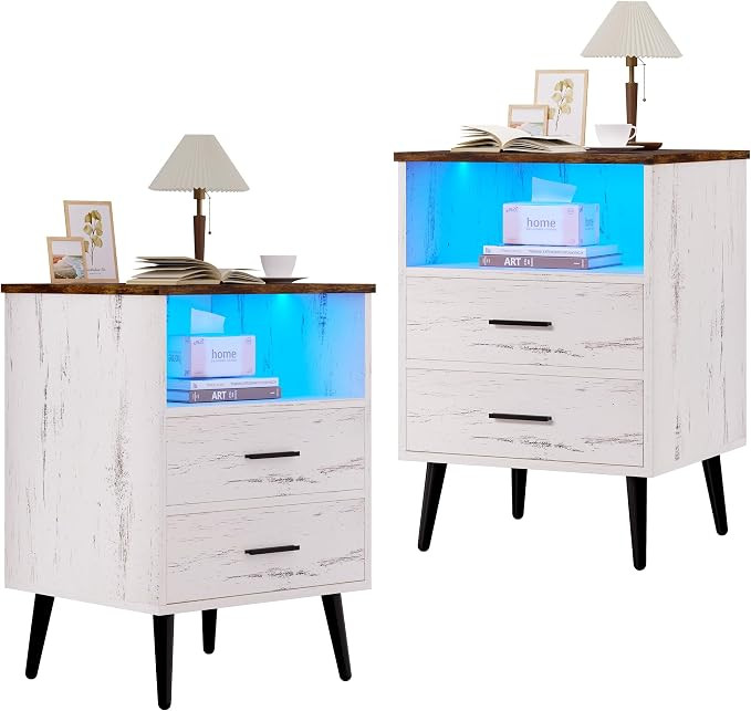 LVSOMT Nightstands Set of 2, White Nightstand with Charging Station, Night Stands with Human Body... | Amazon (US)