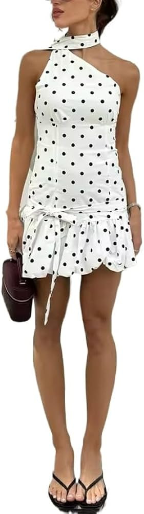 Polka Dot Halter Scarf Top Mini Dress for Women – Ruffled Hem One - Shoulder Polka Dot Dress Su... | Amazon (US)