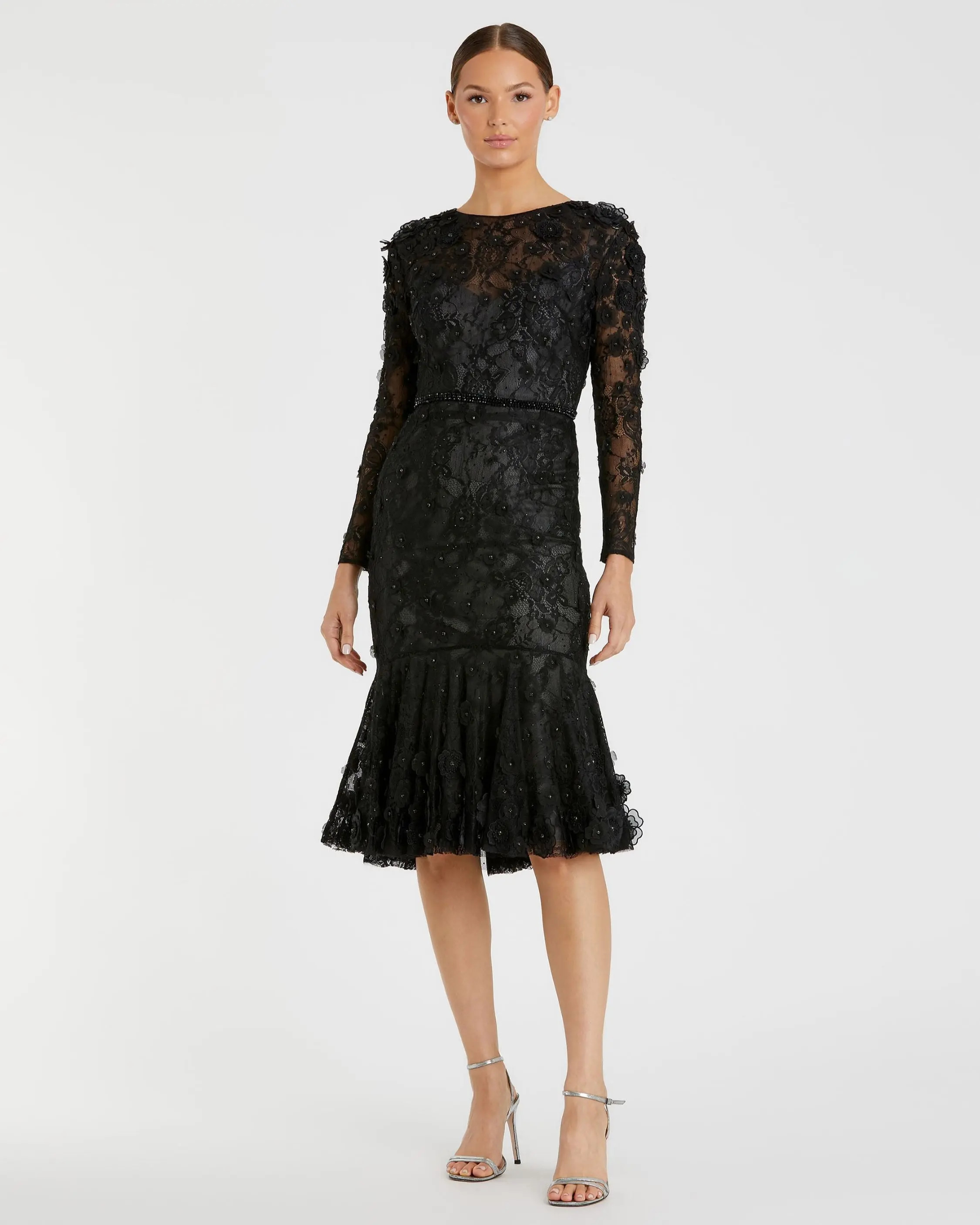 Floral Appliqué Long Sleeve Cocktail Dress - Mac Duggal | Mac Duggal