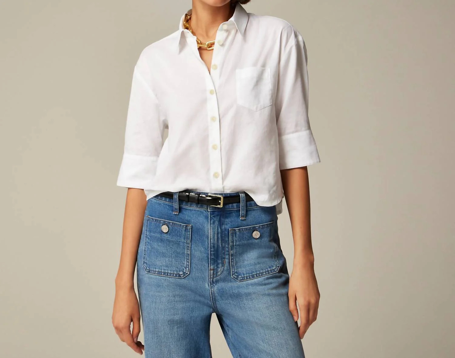 Herringbone Twill Button-Up Shirt In White | Shop Simon