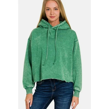 Zenana Acid Wash Fleece Cropped Hoodie | Walmart (US)