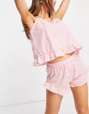 Loungeable frill cami and short pajama set in pink gingham | ASOS (Global)