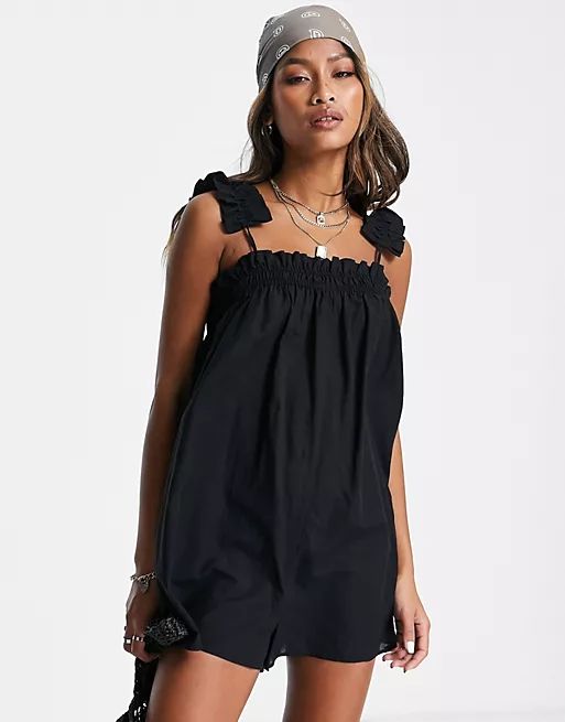 Topshop channel frill shoulder romper in black | ASOS (Global)