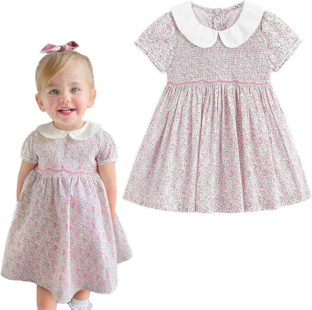 Simplee kids Baby Girl Smocked Dress Summer Casual Short Sleeve Dresses Floral Print Sundress Pri... | Amazon (US)