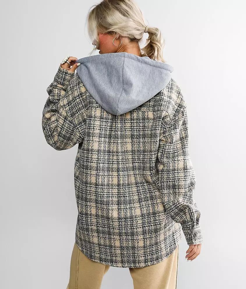 A. Peach Hooded Plaid Tweed Shacket | Buckle