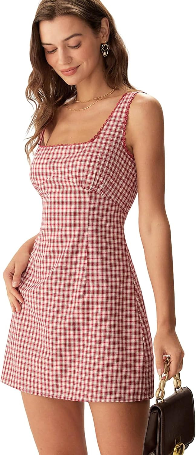 RIHOAS Womens Gingham Plaid Mini Dress Square Neck Sleeveless Summer A-Line | Amazon (US)