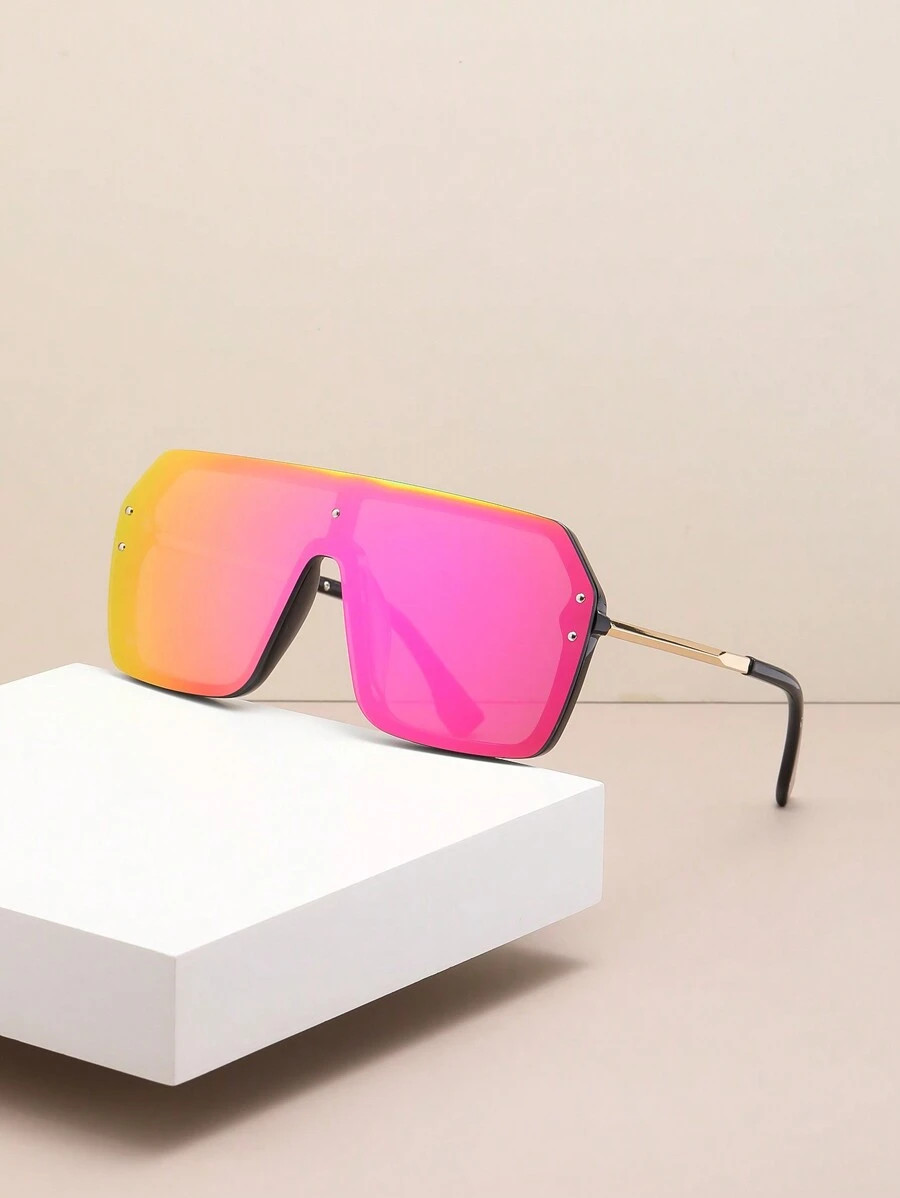 1pc New Style Unisex Ocean Large Frame With Double Rivets And One-Piece Blue Lens Sunglasses, Fas... | SHEIN