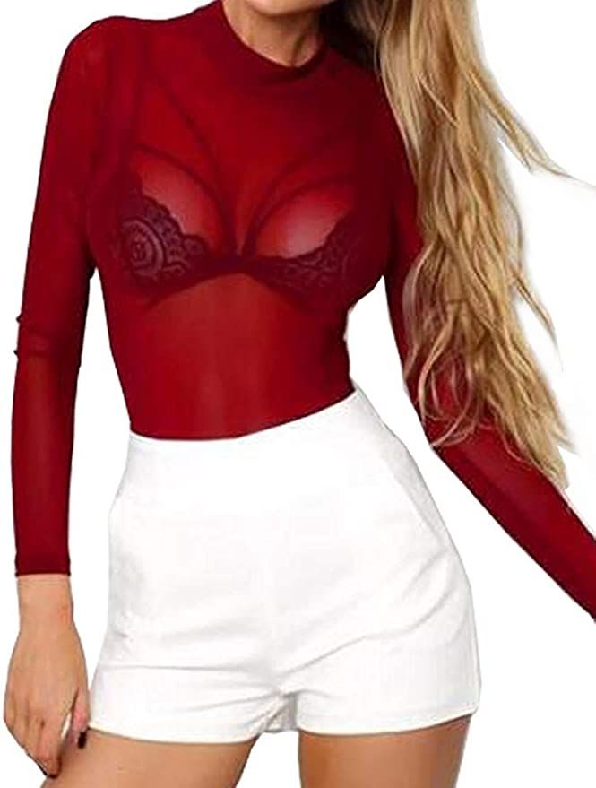 CLOZOZ Women's Long Sleeve Short Sleeve Sheer Mesh Tops Sexy See Through T Shirts Clubwear | Amazon (US)