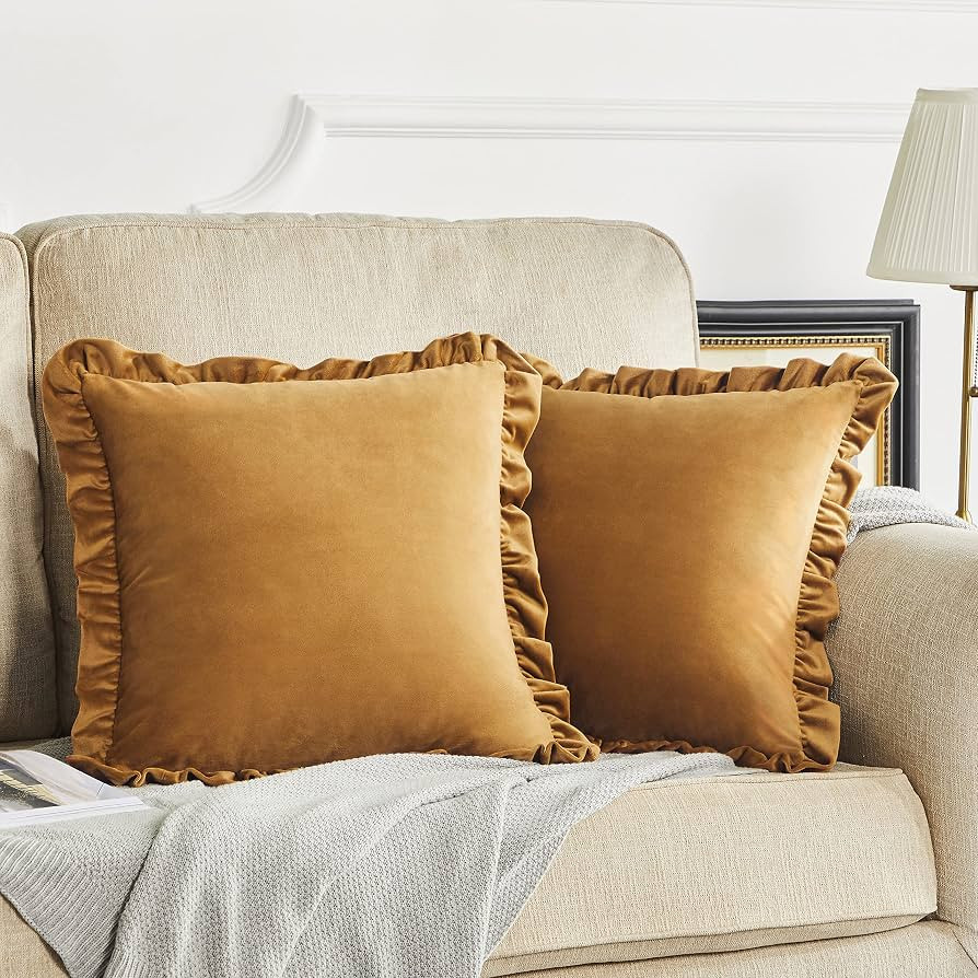 GIGIZAZA Pack of 2 Dark Gold Throw Pillow Covers 20x20 Decorative Ruffle Velvet Cushion Cover for... | Amazon (US)
