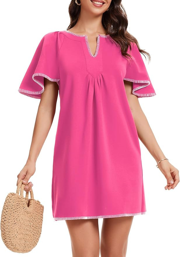 HOULENGS Women's Summer Flutter Short Sleeve A Line Mini Dress Casual Contrast Trim V Neck Short ... | Amazon (US)