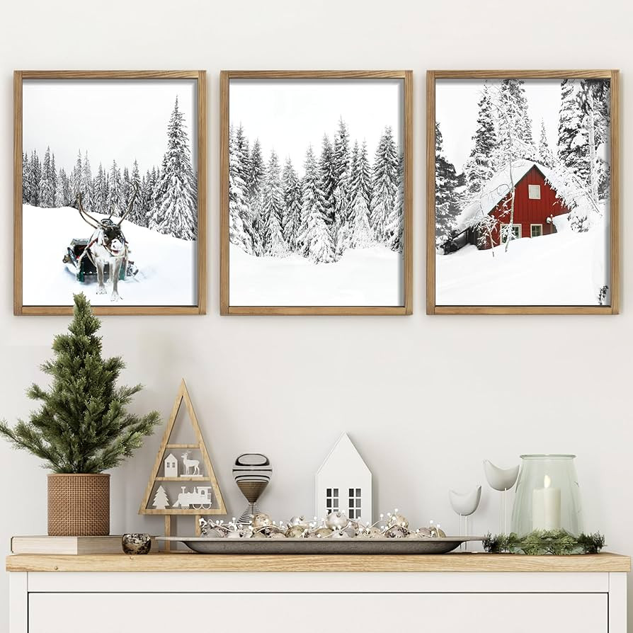 Ronasip Set of 3 Farmhouse Winter Wall Art Framed Snow Forest Wall Decor Reindeer Holiday Home De... | Amazon (US)