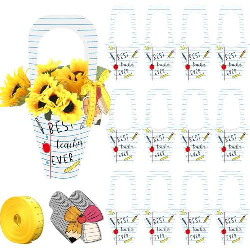 Gersoniel 24 Set Teachers' Day Gift Flower Bags Notebook Shaped Teacher Appreciation Gift Flower Bouquet Holder with Cards Ruler Ribbon for Teacher Appreciation Week Birthday Retirement Party Favors | Amazon (US)