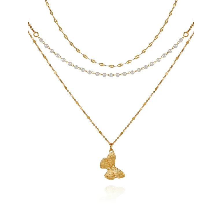 Time and Tru Women's Gold Tone 16" Layered Chain Necklace with Butterfly Pendant | Walmart (US)