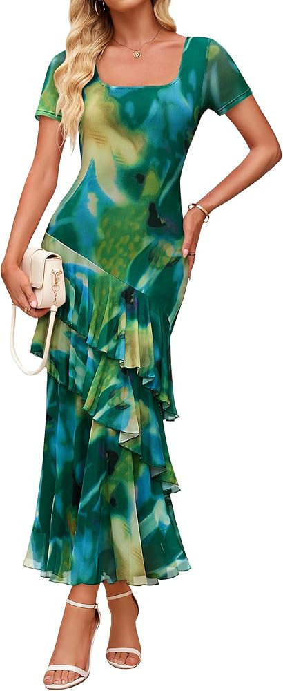 ZESICA Women's Summer Floral Bodycon Maxi Dress 2026 Square Neck Mesh Ruffle Elegant Cocktail Wed... | Amazon (US)