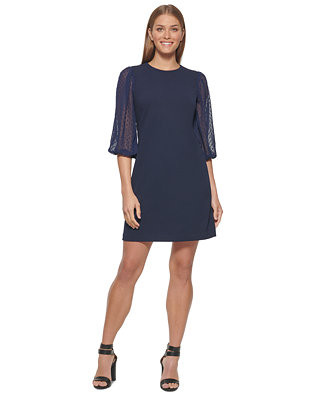 DKNY Women's Mixed-Media Clip-Dot Sleeve Dress - Macy's | Macy's