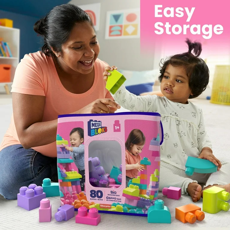 MEGA BLOKS Big Building Bag Toy Block Set (80 Blocks), Pink for Child 1Y+ | Walmart (US)