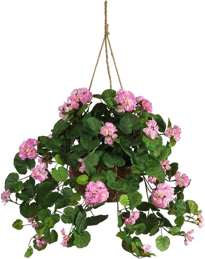 Nearly Natural 6609-PK 24in. Geranium Hanging Basket Silk Plant,Pink | Amazon (US)