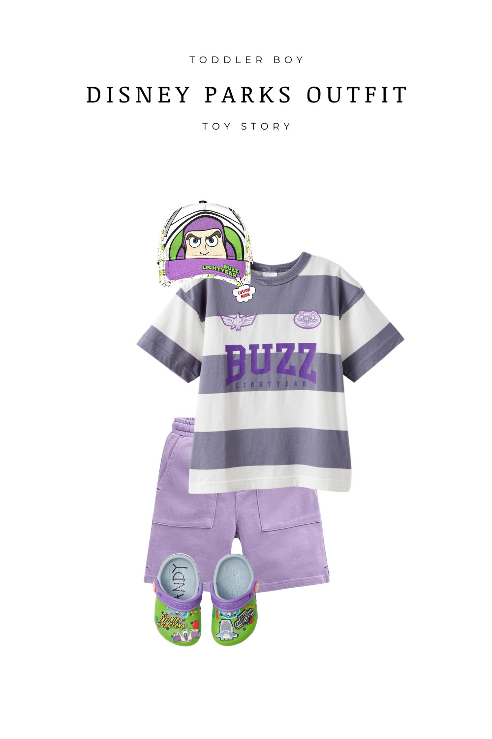 Cute and comfy Toy Story outfit for toddler boys featuring a Buzz Lightyear striped tee, purple shorts, character Crocs, and matching hat. Perfect Disney Parks outfit for kids, summer Disneyland look, or Pixar-inspired outfit idea. Great for family vacations, Disney trips, and themed park days. Lightweight, breathable, and adorable for all-day wear at Disney.