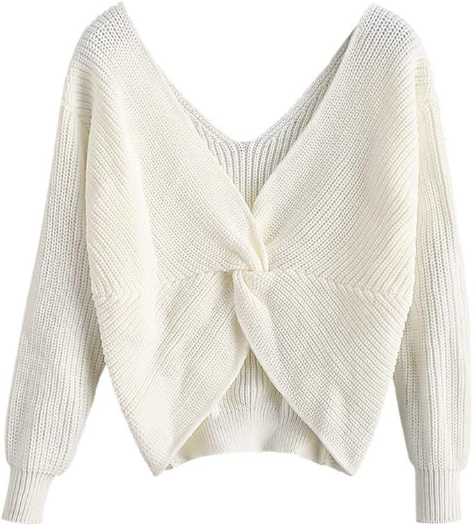 ZAFUL Women's Criss Cross Sweaters Twisted Back Pullover Knitted Cropped Sweater Jumper | Amazon (US)