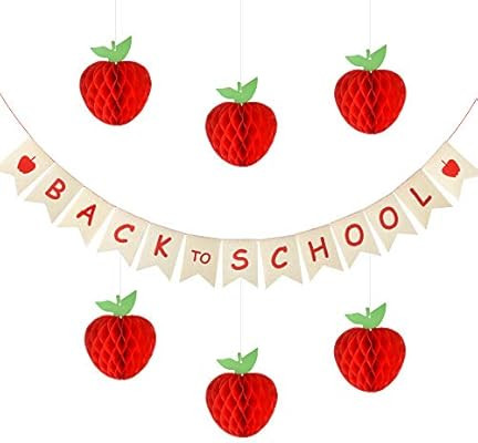 FEPITO Back to School Banner with Apple Sign and 6 Pack Honeycomb Tissue Paper Apple for First Da... | Amazon (US)