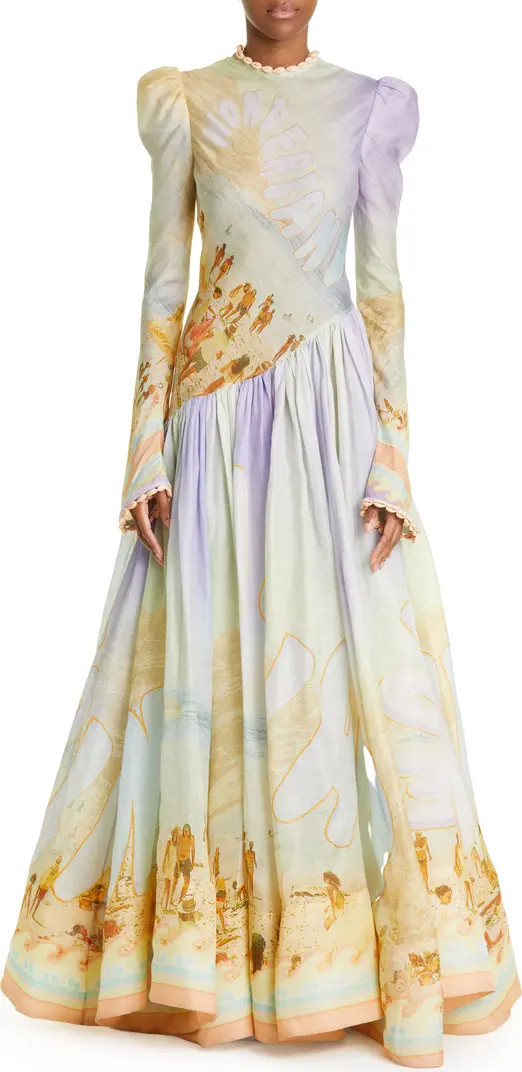 Tama Postcard Print Long Sleeve Linen & Silk Gown | Nordstrom