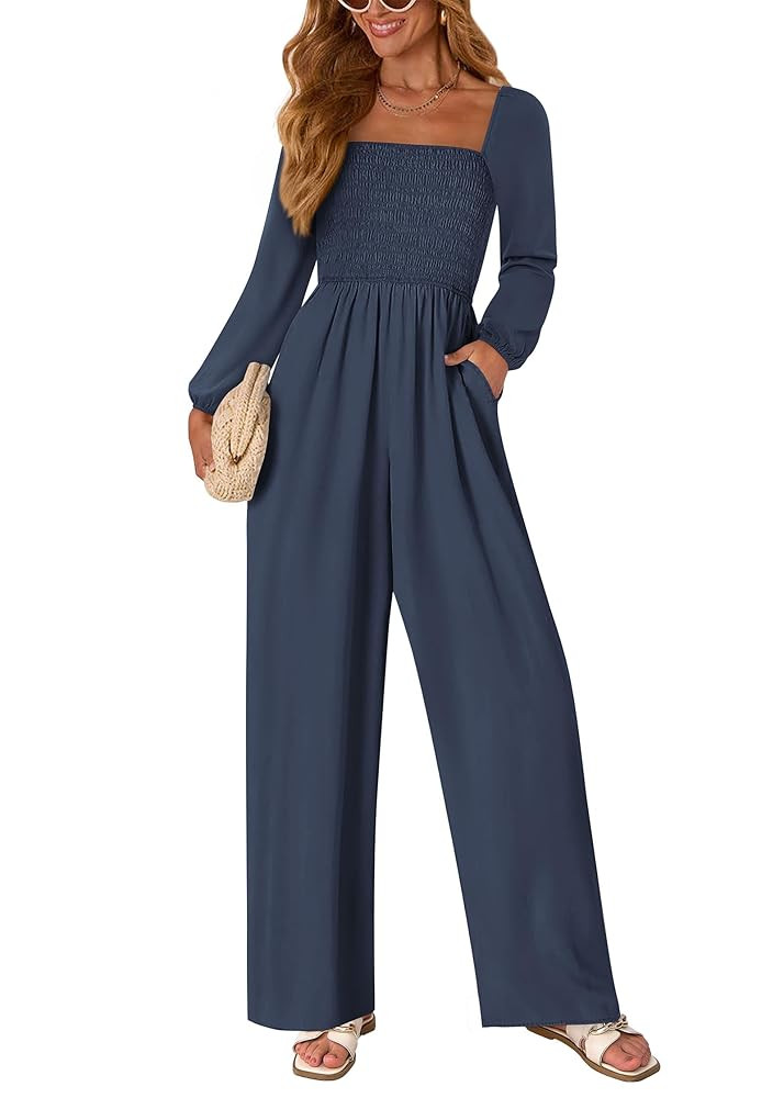 KIRUNDO Women's 2024 Fall Long Sleeve Jumpsuits Casual Dressy One Piece Loose Smocked Wide Leg Pa... | Amazon (CA)