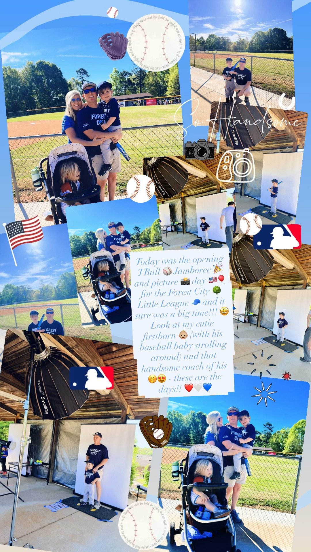 Today was the opening TBall ⚾️ Jamboree 🎉 and picture 📸 day 🇺🇸🎈for the Forest City 🌳 Little League 🧢 and it sure was a big time!!! 🤩 Look at my cutie firstborn 👶🏼 (with his baseball baby strolling around) and that handsome coach of his 🤭😍 - these are the days!! ❤️🤍💙