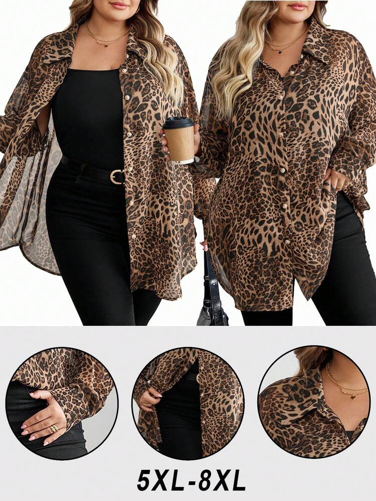 SHEIN CURVE+ Curve Plus Size/Autumn Clothes /Fall Women Clothes/Winter Clothes For Women/Winter ClothesPlus Size Women Casual Elegant Leopard Print Chiffon Front Open Loose Long Sleeve Shirt Blouse Leopard Print Plus Size Animal Print Plus Size Leopard Print Cardigan Plus Size Leopard Print Top Long Sleeve Cover Up | SHEIN