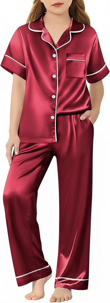 Arshiner Girls Pajamas Silk Satin Button Down Pjs 2 Piece Short Sleeve Sleepwear Set | Amazon (US)