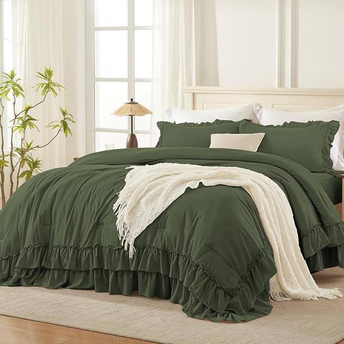 Andency Olive Green King Comforter Set (104x90Inch), 3 Pieces Ruffle Comforter Set with 2 Pillowc... | Amazon (US)