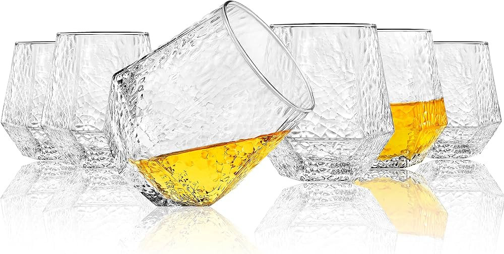 Diamond Glasses - Stemless Wine Glass Set of 6 - Geometric Tilting Design - Rolling Whiskey Glass... | Amazon (US)