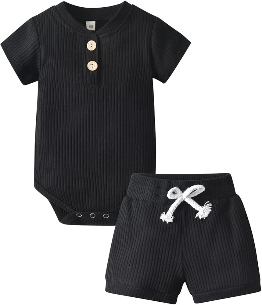 Summer Newborn Baby Boy Girl Clothes Solid Color Ribbed Romper and Shorts Outfits Set | Amazon (US)