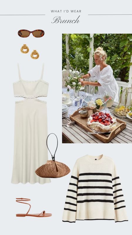 What I’d wear for a summer brunch! White sundress, raffia bag, striped sweater, gold earrings, sandals 

#LTKSeasonal #LTKStyleTip