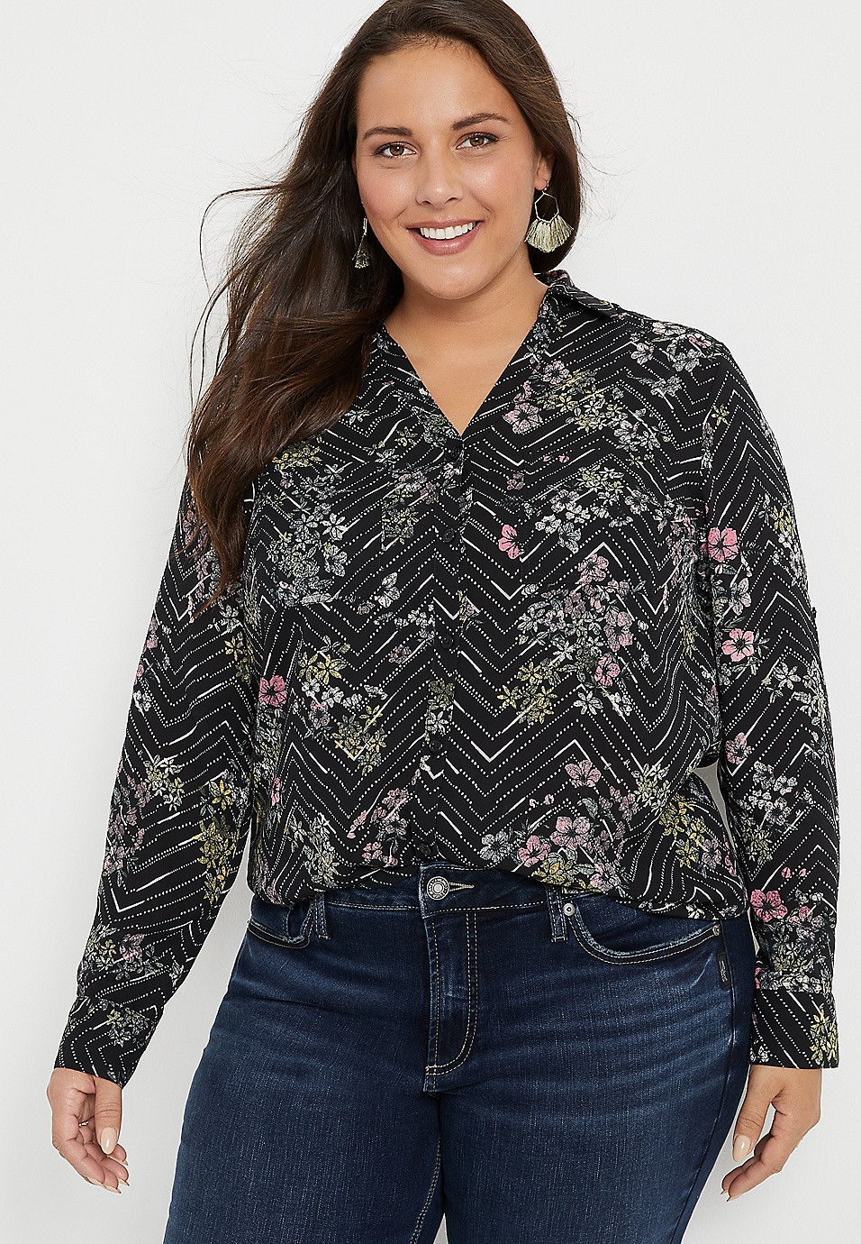 Plus Size Winona Button Down Black Floral Blouse | Maurices