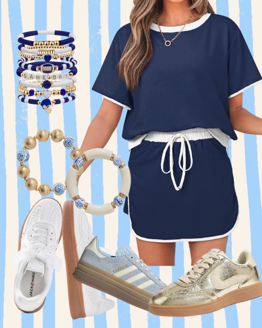 They have Navy in everyone’s favorite two piece set! perfect for local game days! 

Navy blue set, two piece set, game day outfit, blue two piece set, lace sneakers, gold sneakers, adidas, bracelet stack 

#gamedayfits #gameday #gamedayoutfits 