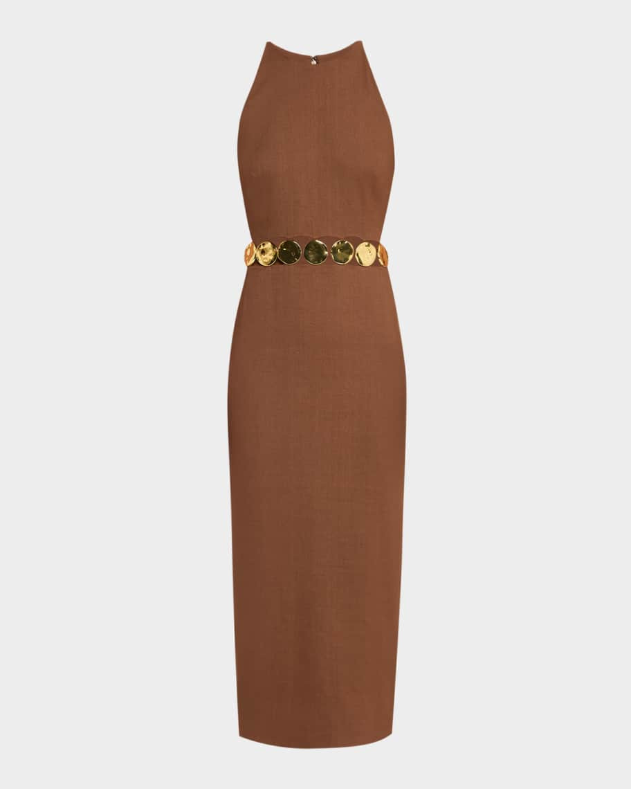 Isla Gold-Disc Linen Midi Dress | Neiman Marcus