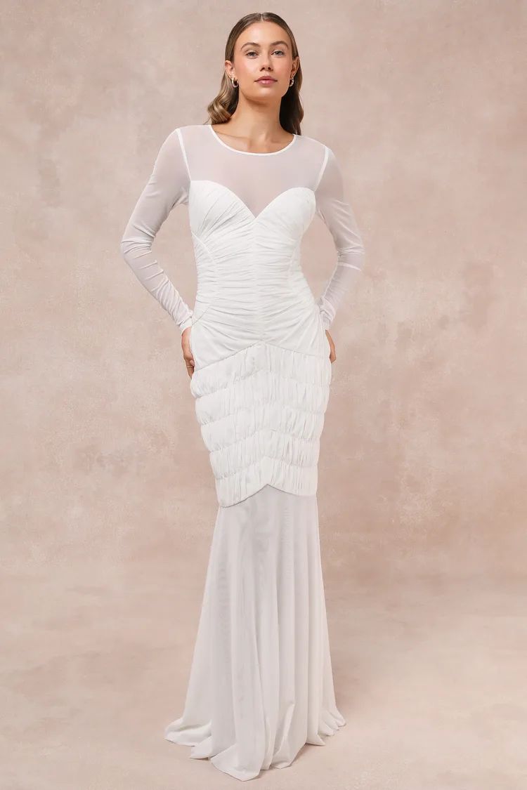 Romantic Heights White Mesh Ruched Long Sleeve Maxi Dress | Lulus
