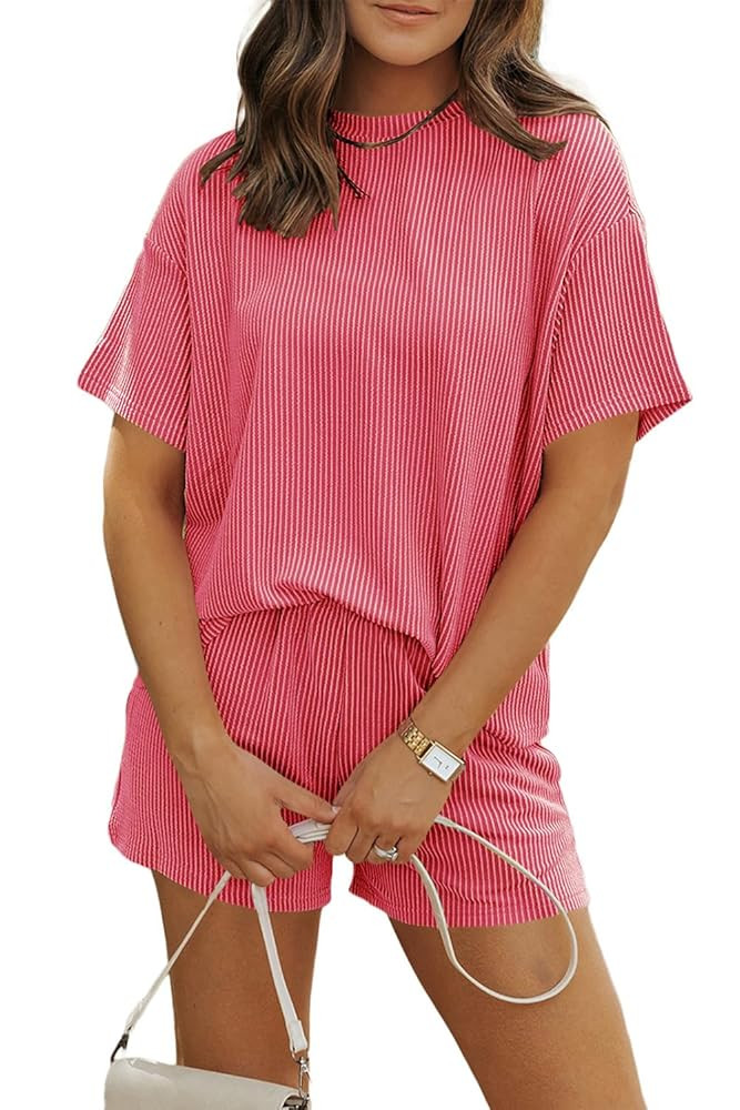 MARZXIN Women's 2 Piece Outfits Summer Tracksuit Ribbed Textured Knit Loose Lounge Shorts Set | Amazon (US)