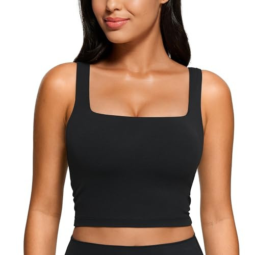 CRZ YOGA Butterluxe Square Neck Crop Tank Tops for Women - Workout Longline Sports Bras Padded Yoga Camisole Black XX-Small | Amazon (US)