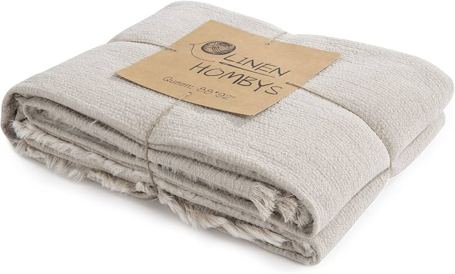 HOMBYS 88"x92" 100% Pure Linen Oversized King Blanket-Soft Linen Reversible Throw Blanket in Natu... | Amazon (US)