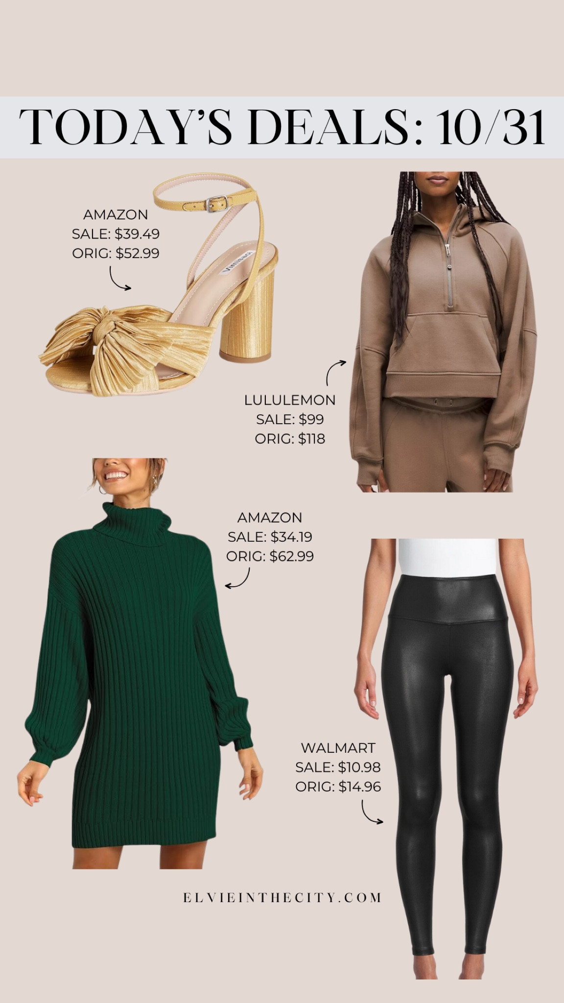 Today’s deals include chunky heel sandals from Amazon, a half zip hoodie from Lululemon, a turtleneck sweater dress from Amazon, and faux leather leggings from Walmart.

Deal of the day, amazon fashion, fall outfit, athleisure, holiday party dress, holiday outfit, holiday shoes

#LTKStyleTip #LTKSaleAlert #LTKFindsUnder50