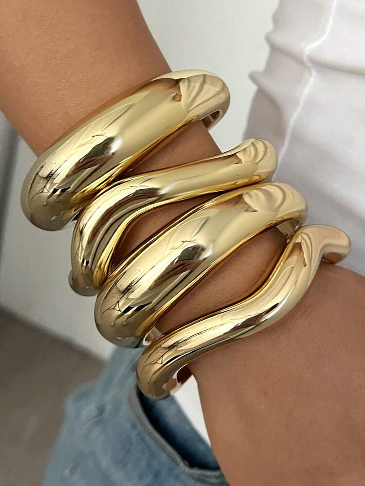4pcs Vintage Minimalist Wavy Acrylic & Resin Material Bangle Bracelet Set For Women, Suitable For Daily Wear, Stackable, Perfect Gift For Holidays | SHEIN