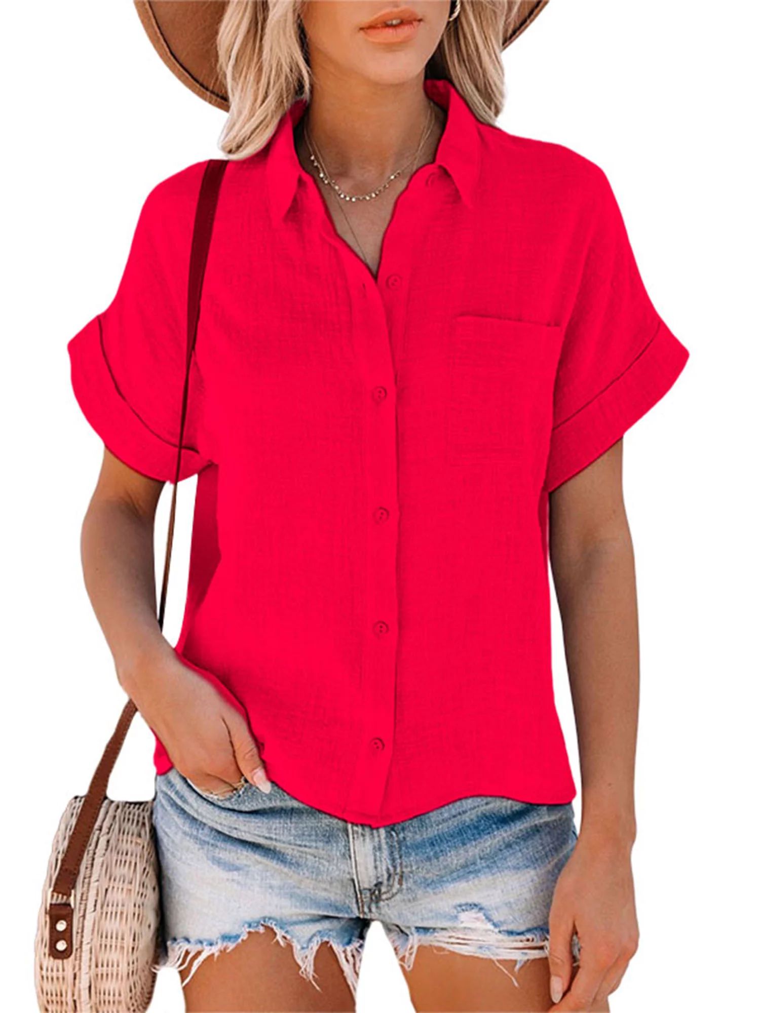 Sexy Dance Women Summer Button Down Blouse Shirts Cotton And Linen Short Sleeve V Neck Casual Loo... | Walmart (US)