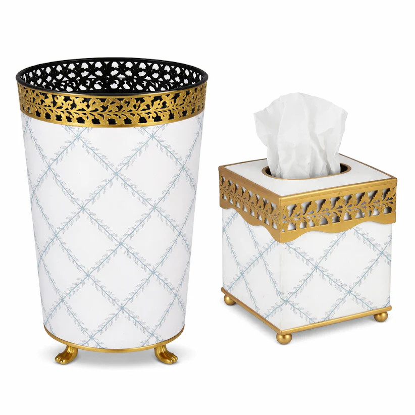 Ivory & Blue Pierced Gold Leaf Wastepaper Basket & Tissue (3 Options) | The Enchanted Home