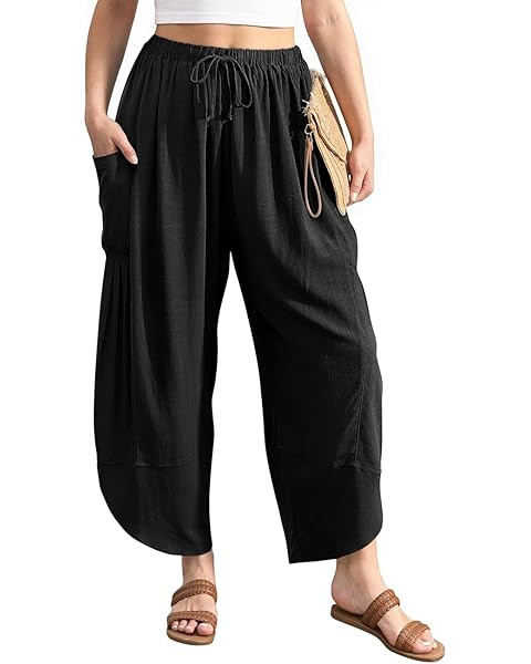 TARSE Womens Linen Wide Leg Pants Casual Loose Drawstring Summer Beach Travel Vacation Palazzo Ha... | Amazon (US)