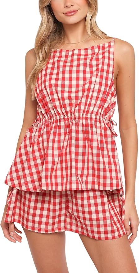 Women's Gingham Pajamas Set 2 Piece Cotton Pj Lounge Sets Sleeveless Shirt Shorts Summer Plaid Tw... | Amazon (US)