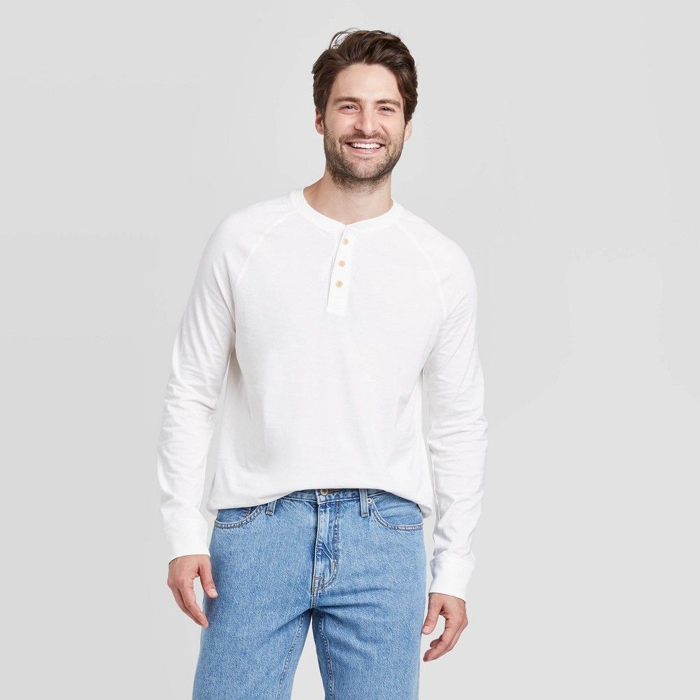 Men's Standard Fit Long Sleeve Henley Jersey T-Shirt - Goodfellow & Co White 2XL | Target
