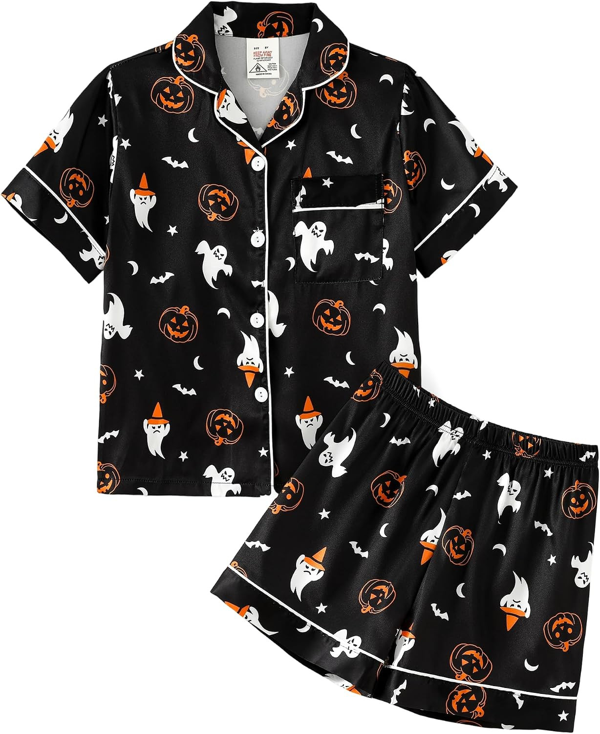 MyFav Girls Pajama Set Short Sleeve Button Down Silky Satin Girls PJS Kids Sleepwear Summer Nightwear Loungewear Set | Amazon (US)