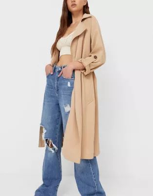 Stradivarius recycled polyester longline trench coat in camel | ASOS (Global)